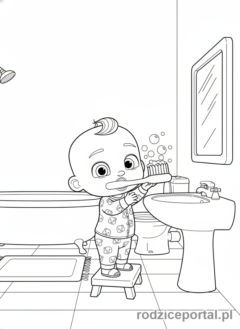 Kolorowanka Cocomelon - JJ myjący zęby, w łazience