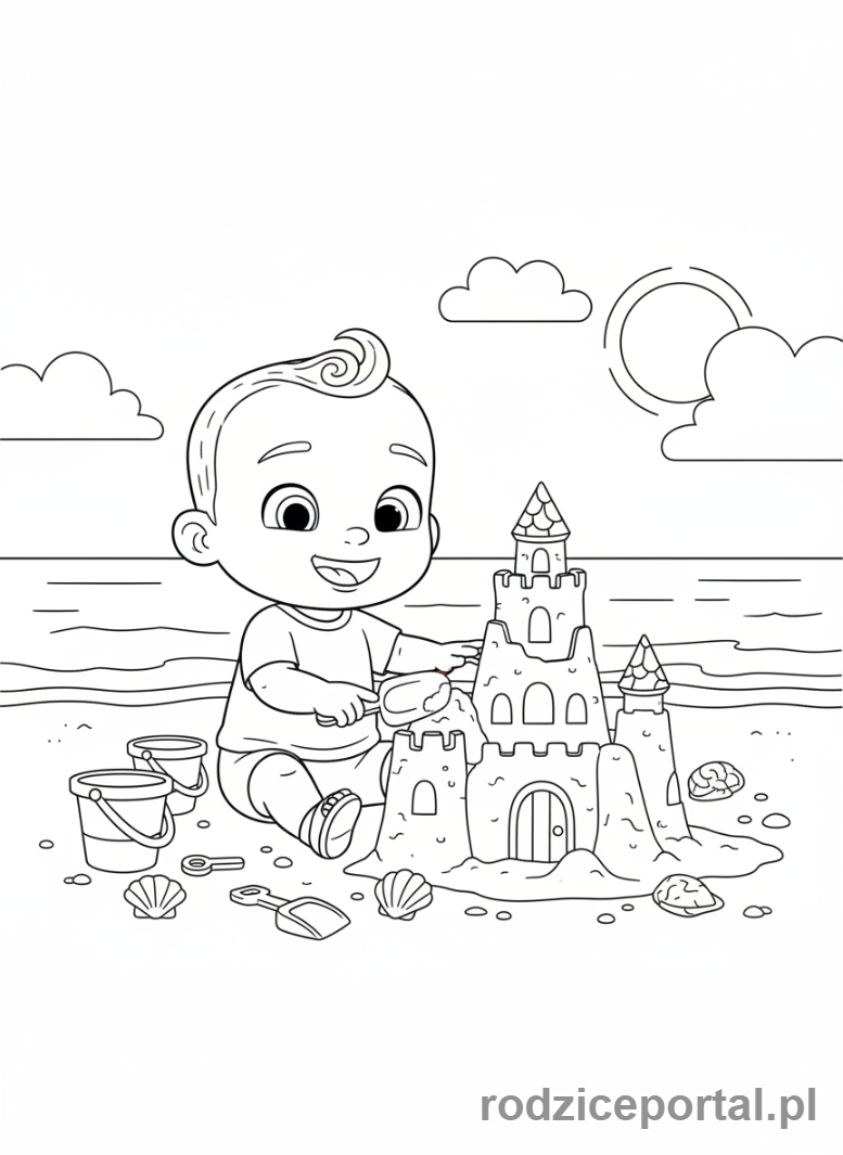 Kolorowanka Cocomelon - JJ na plaży, budujący zamek z piasku