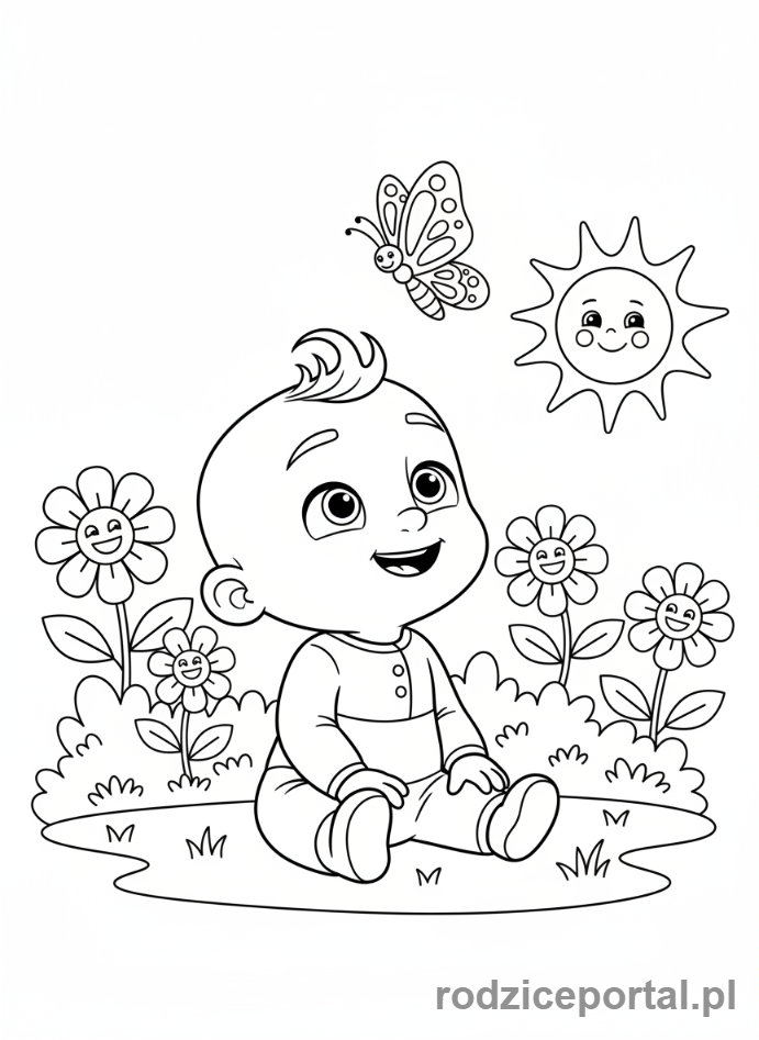 Kolorowanka Cocomelon - JJ oglądający motyla w ogrodzie