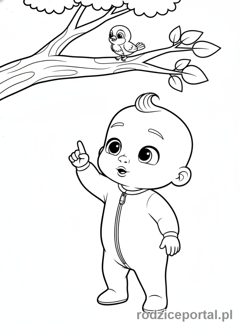 Kolorowanka Cocomelon - JJ pokazujący palcem na ptaszka