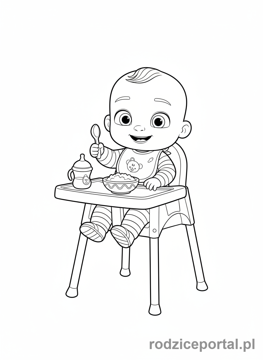 Kolorowanka Cocomelon - JJ siedzący w krzesełku do karmienia