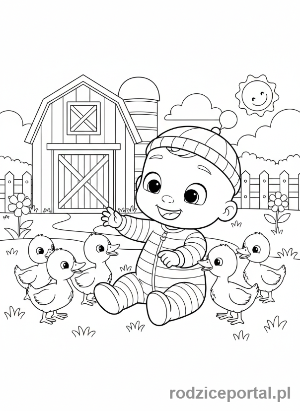 Kolorowanka Cocomelon - JJ z kaczkami na farmie.
