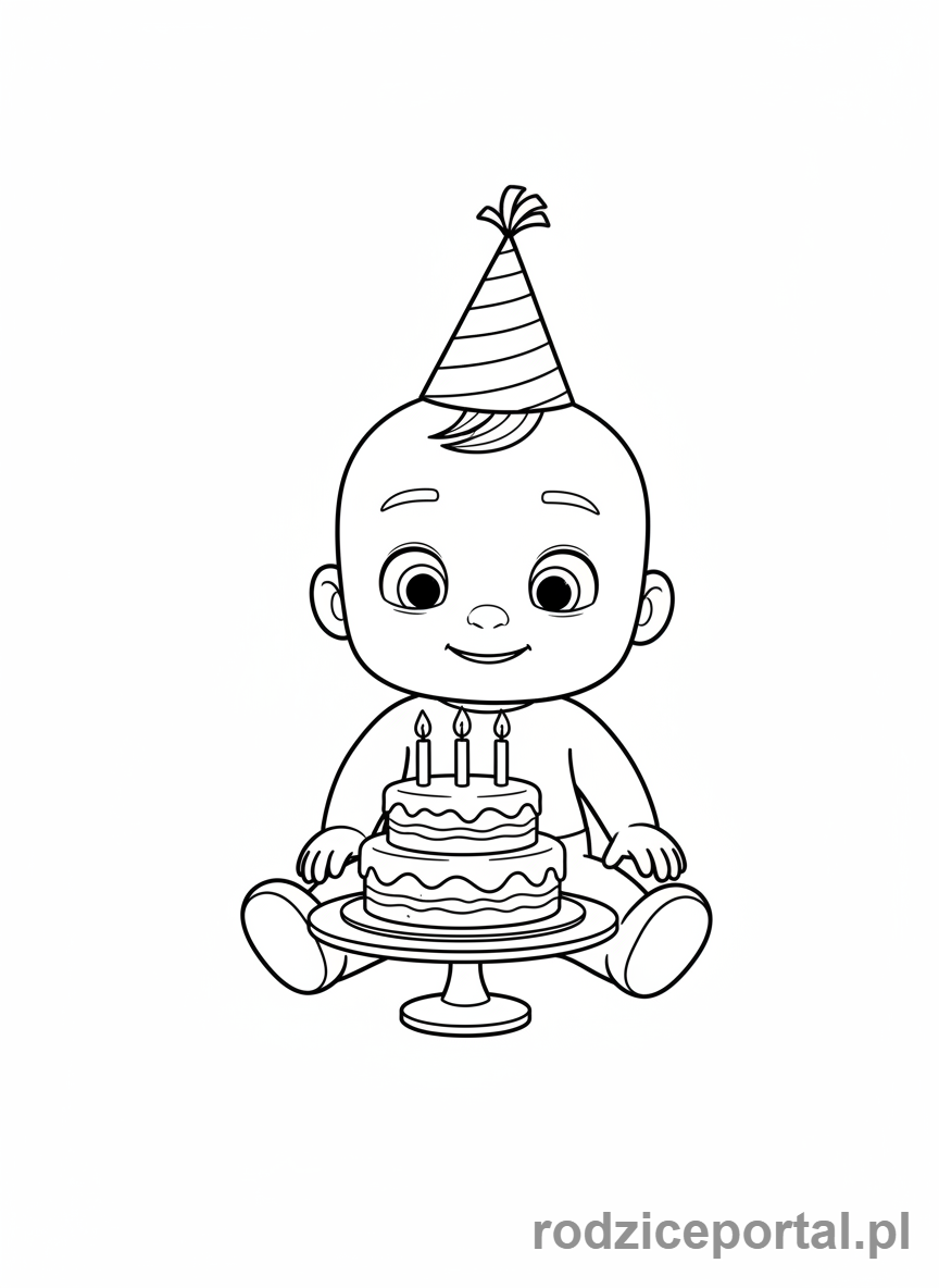 Kolorowanka Cocomelon - JJ z kapeluszem urodzinowym, tort