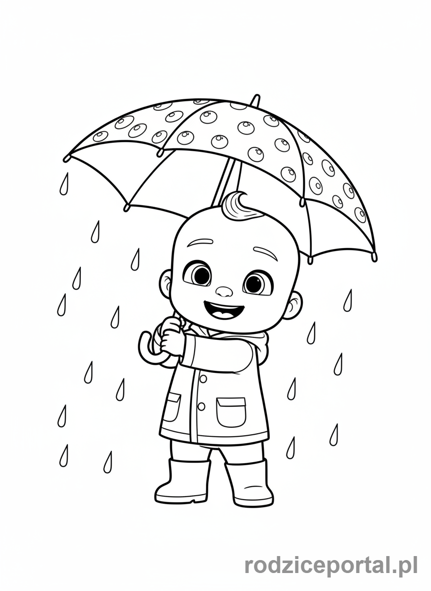 Kolorowanka Cocomelon - JJ z parasolem w deszczu