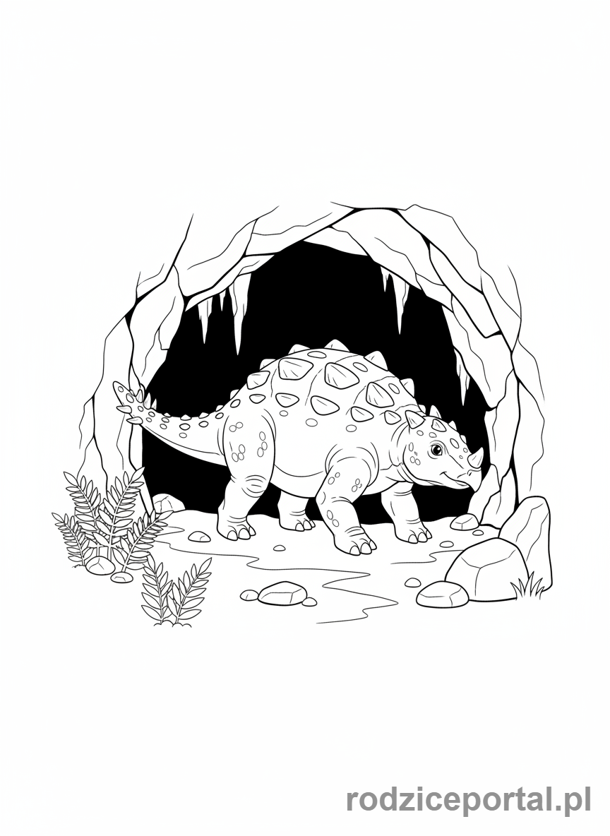 Kolorowanka Dinozaury - Ankylozaur z ogonem maczugą, w jaskini
