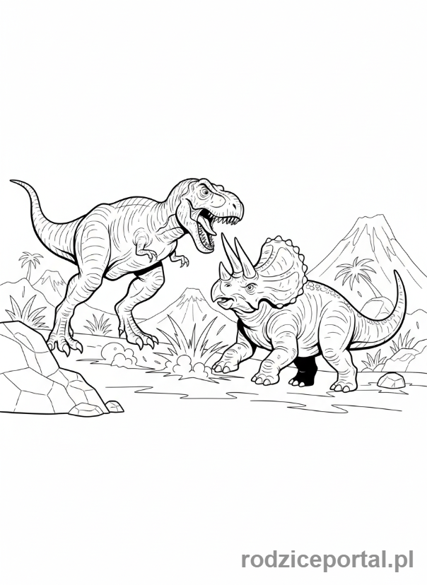 Kolorowanka Dinozaury - Bitwa T-Rexa z Triceratopsem