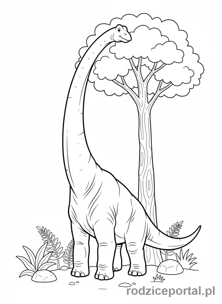 Kolorowanka Dinozaury - Brachiozaur z długą szyją, sięgający po liście