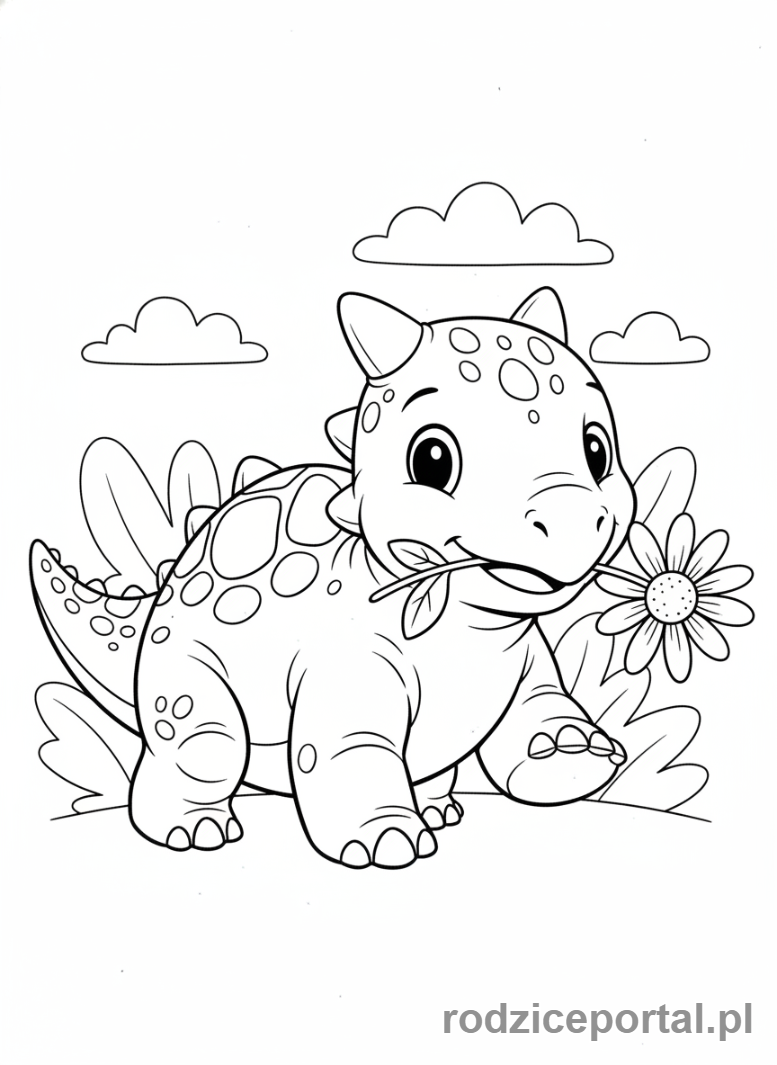 Kolorowanka Dinozaury - Dinozaur trzymający kwiat.