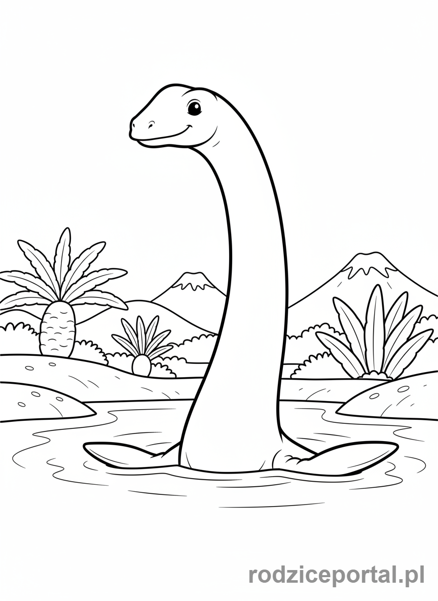 Kolorowanka Dinozaury - Dinozaur z długą szyją, pływający