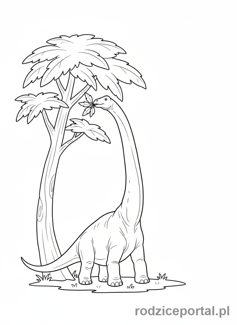 Kolorowanka Dinozaury - Długoszyi dinozaur jedzący z drzewa