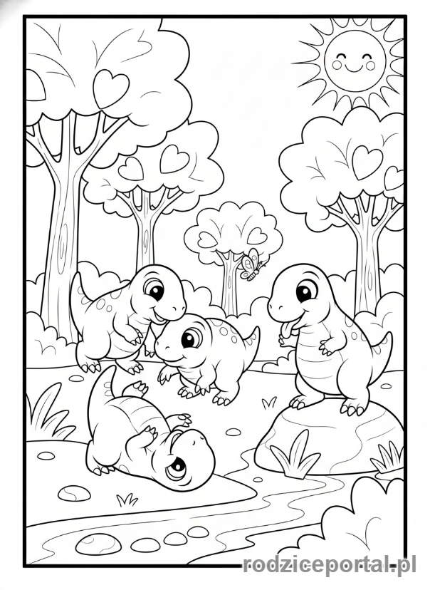 Kolorowanka Dinozaury - Grupa małych dinozaurów bawiących się.