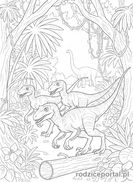 Kolorowanka Dinozaury - Grupa Welociraptorów polujących
