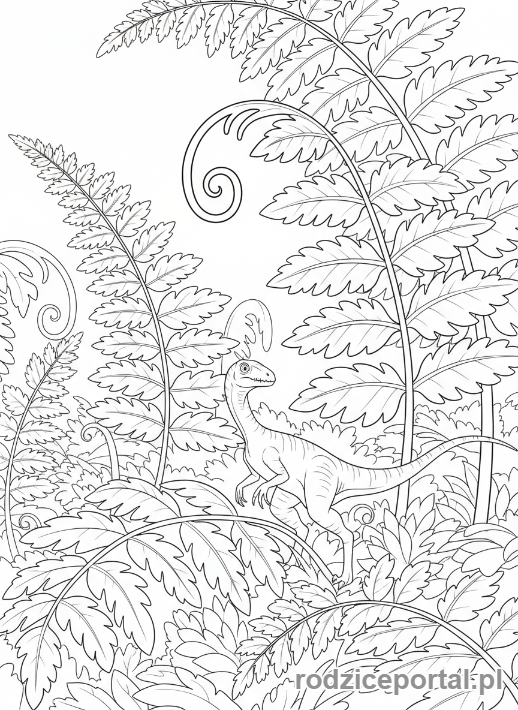 Kolorowanka Dinozaury - Kompsognat mały dinozaur, wśród paproci