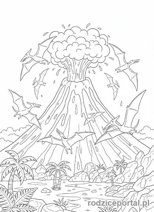 Kolorowanka Dinozaury - Latające gady nad wulkanem