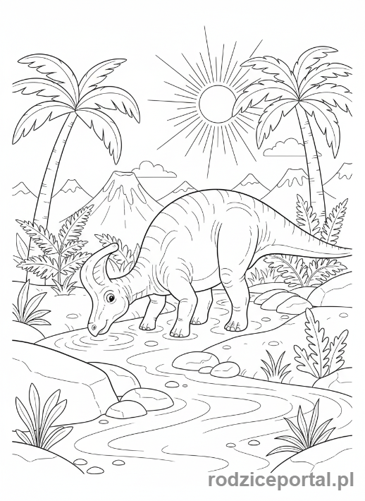 Kolorowanka Dinozaury - Parasaurolof pijący wodę