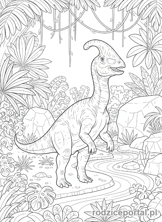 Kolorowanka Dinozaury - Parasaurolof w lesie deszczowym