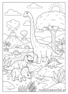 Kolorowanka Dinozaury - Park pełen dinozaurów.