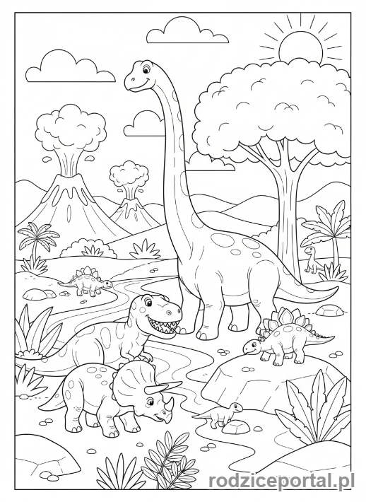 Kolorowanka Dinozaury - Park pełen dinozaurów.