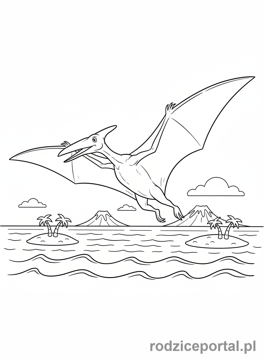Kolorowanka Dinozaury - Pterodaktyl latający nad morzem