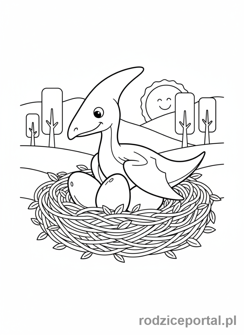 Kolorowanka Dinozaury - Pterodaktyl siedzący na gnieździe.