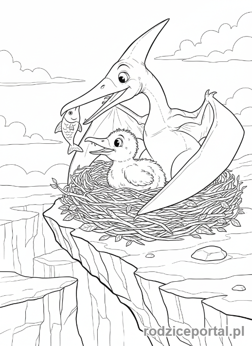 Kolorowanka Dinozaury - Pterodaktyl z małym, w gnieździe