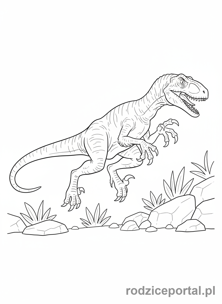Kolorowanka Dinozaury - Raptor na polowaniu, dynamiczne ujęcie