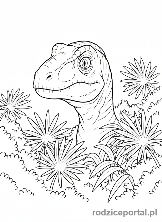Kolorowanka Dinozaury - Raptor wyczekujący w krzakach