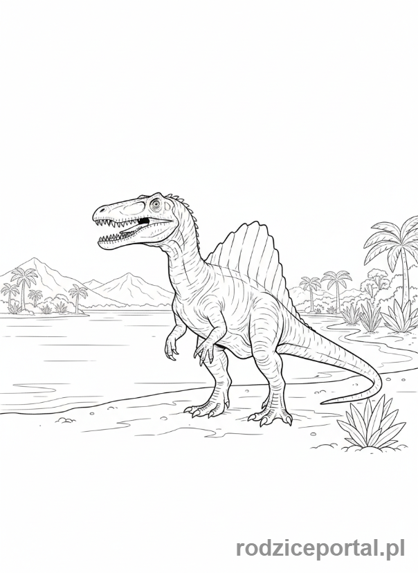 Kolorowanka Dinozaury - Spinozaur na brzegu jeziora