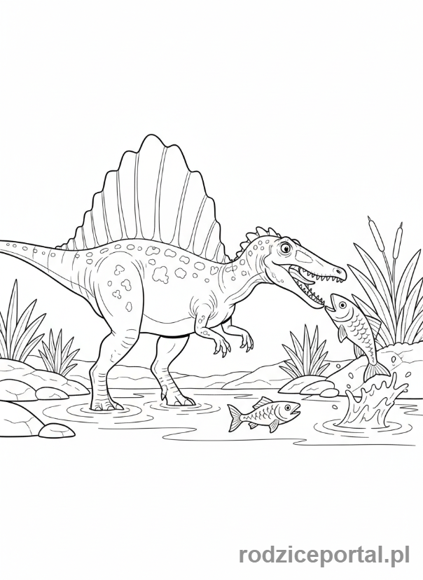 Kolorowanka Dinozaury - Spinozaur łowiący ryby w rzece