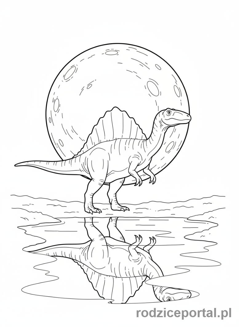 Kolorowanka Dinozaury - Spinozaur w nocy, pod księżycem