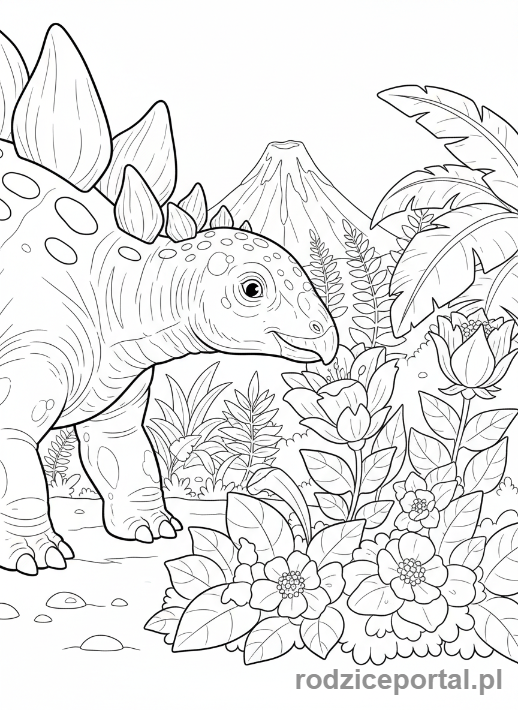 Kolorowanka Dinozaury - Stegozaur jedzący kwiaty