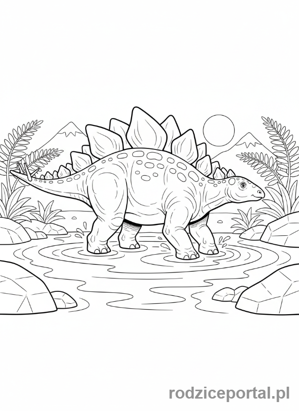 Kolorowanka Dinozaury - Stegozaur przechodzący przez strumień