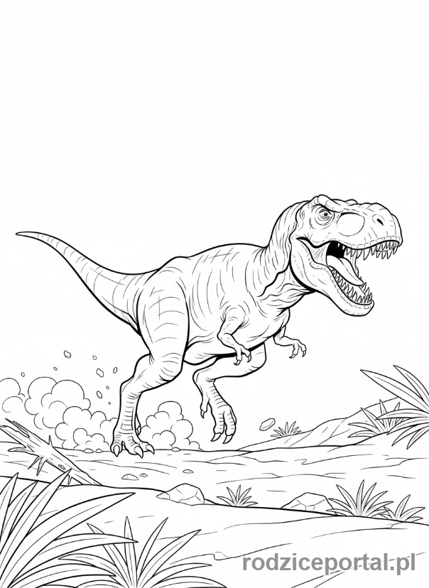 Kolorowanka Dinozaury - T-Rex goniący ofiarę