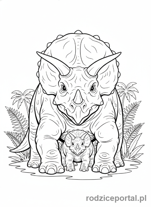 Kolorowanka Dinozaury - Triceratops chroniący młode