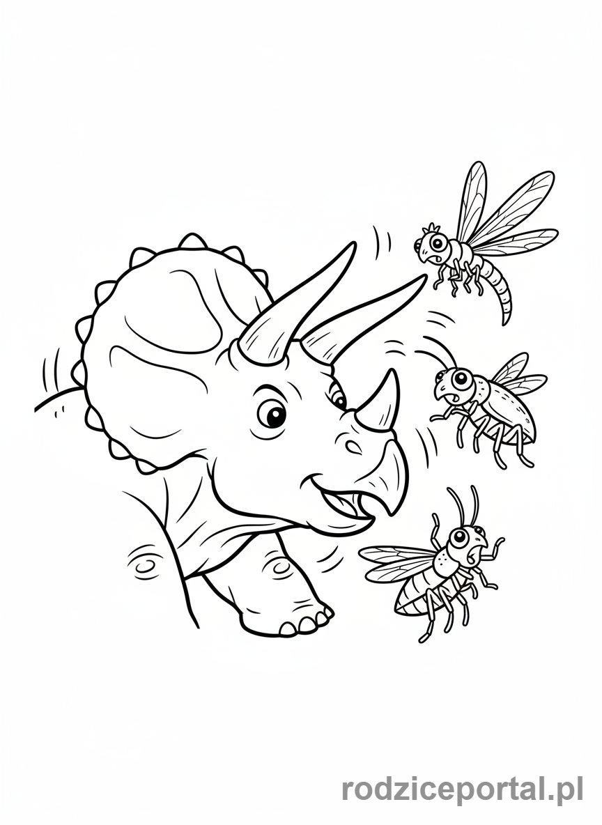 Kolorowanka Dinozaury - Triceratops i latające owady