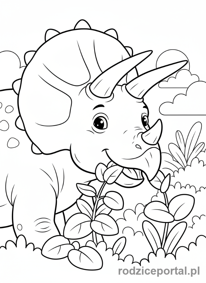 Kolorowanka Dinozaury - Triceratops jedzący liście.