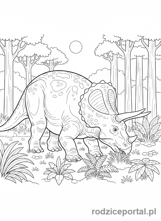 Kolorowanka Dinozaury - Triceratops jedzący rośliny na łące