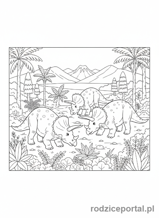 Kolorowanka Dinozaury - Trzy Triceratopsy pasące się