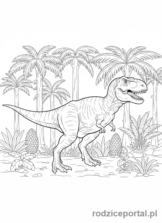 Kolorowanka Dinozaury - Tyranozaur Rex kroczący przez las
