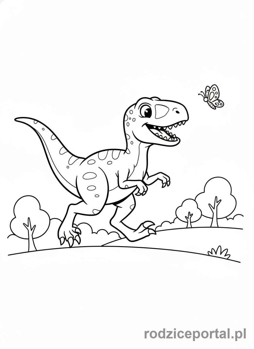 Kolorowanka Dinozaury - Velociraptor goniący motyla.