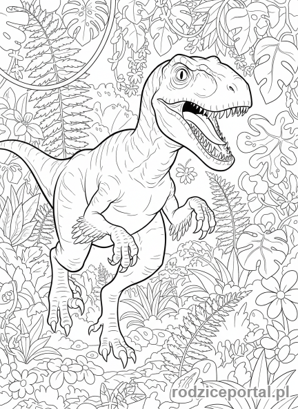 Kolorowanka Dinozaury - Welociraptor biegnący w dżungli