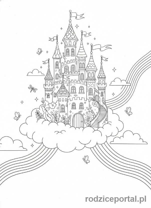 Kolorowanka Dla Dziewczynek - Bajkowy zamek w chmurach.