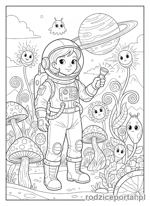 Kolorowanka Dla Dziewczynek - Dziewczynka astronautka odkrywająca planetę.