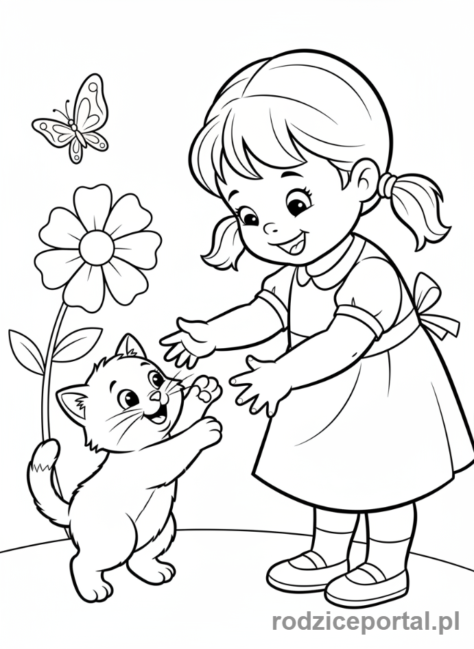 Kolorowanka Dla Dziewczynek - Dziewczynka bawiąca się z kotkiem