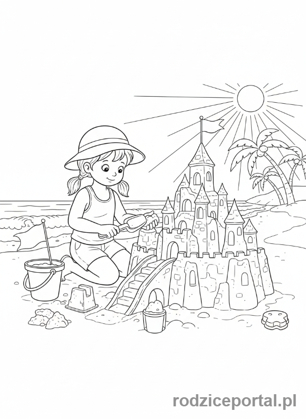 Kolorowanka Dla Dziewczynek - Dziewczynka budująca zamek z piasku.