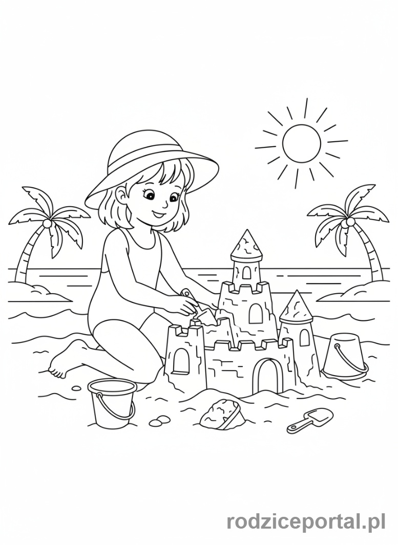 Kolorowanka Dla Dziewczynek - Dziewczynka budująca zamek z piasku