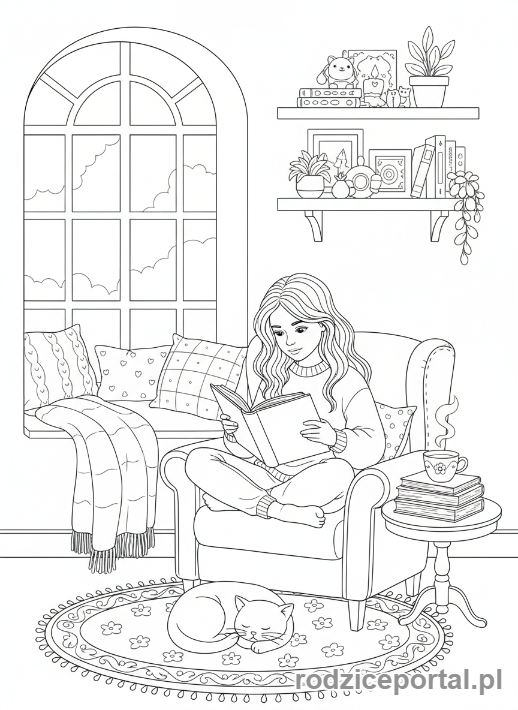 Kolorowanka Dla Dziewczynek - Dziewczynka czytająca