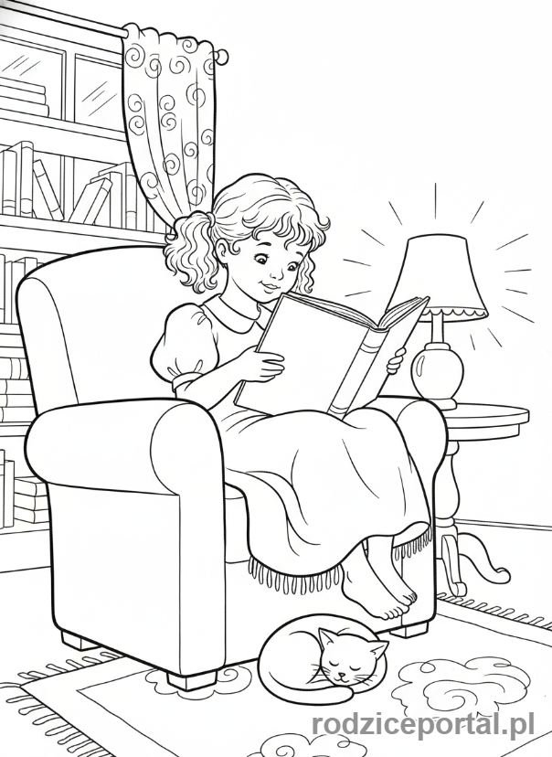 Kolorowanka Dla Dziewczynek - Dziewczynka czytająca książkę.