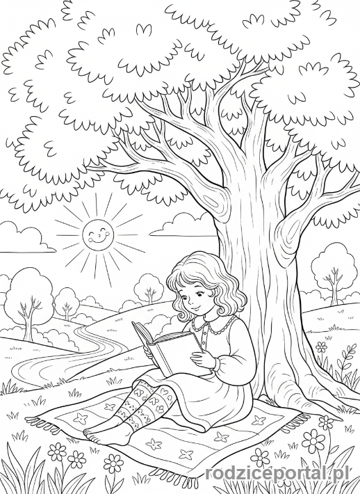 Kolorowanka Dla Dziewczynek - Dziewczynka czytająca książkę pod drzewem