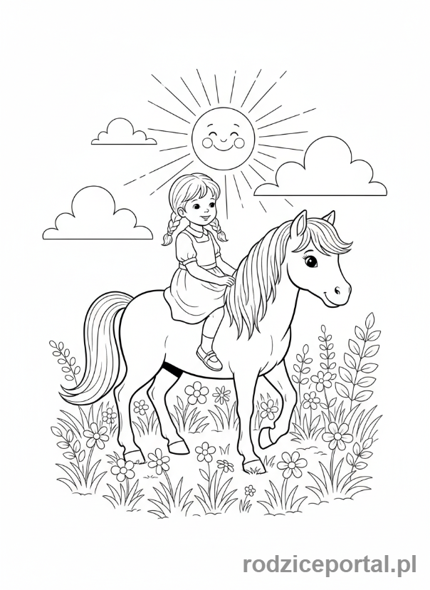 Kolorowanka Dla Dziewczynek - Dziewczynka jadąca na kucyku